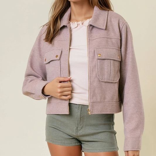 Collared Neck Long Sleeve Front Metal Zip Jacket