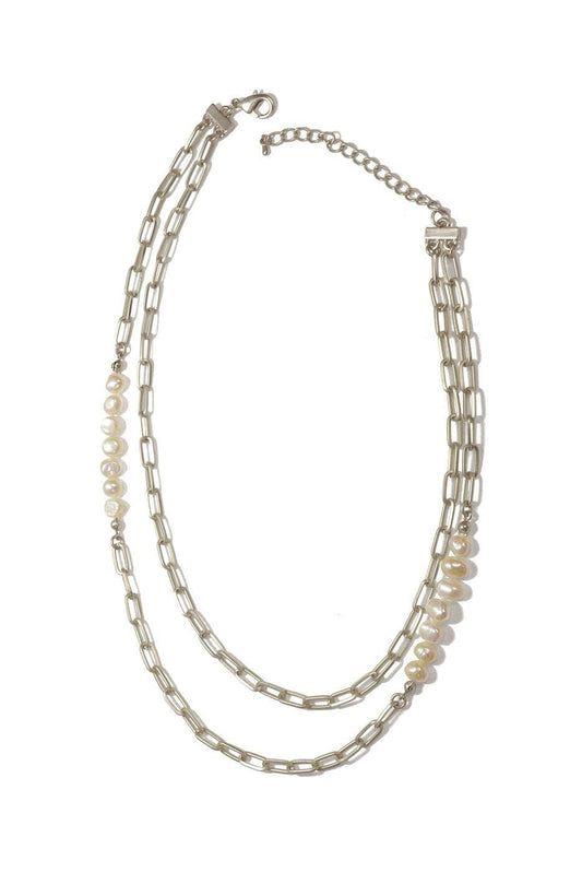 15"+ 2 Dbl FW Silver Pearl Chain Necklace