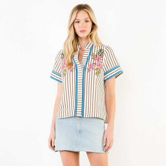 Striped Floral Embroidery Top