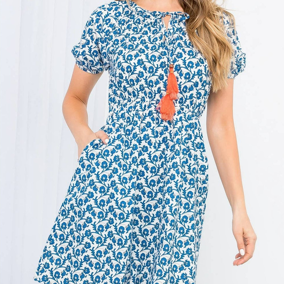 Blue Tassel Tie Flower Print Dress