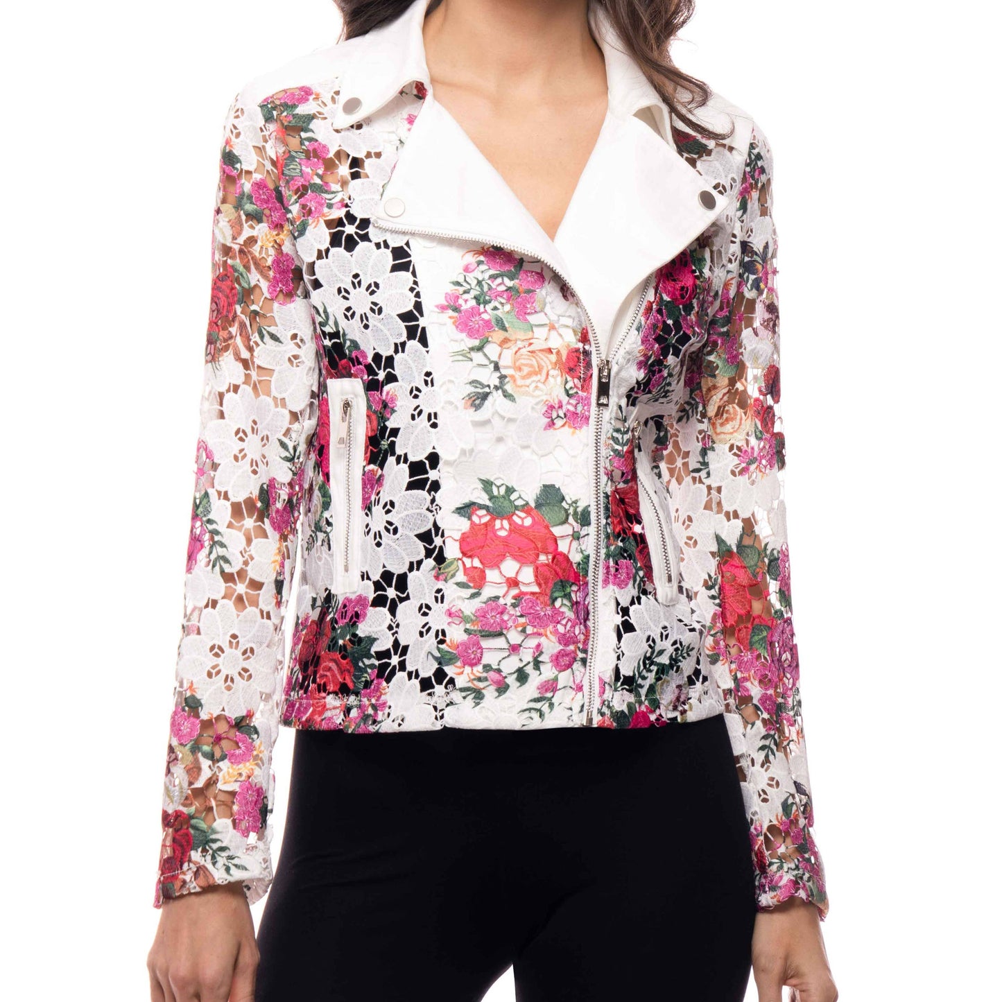 Printed Floral Lace Moto Jacket with Denim Trim