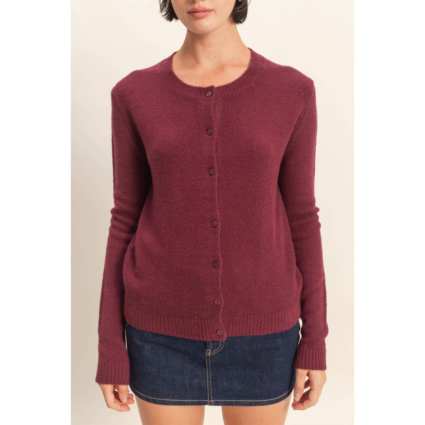 Crew Neck Long Sleeve Buttoned Cardigan: DARK CHERRY