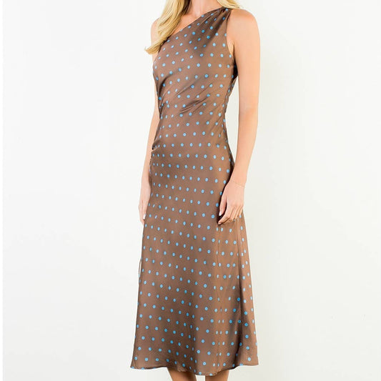 One Shoulder Polka Dot Dress With Cinched Side