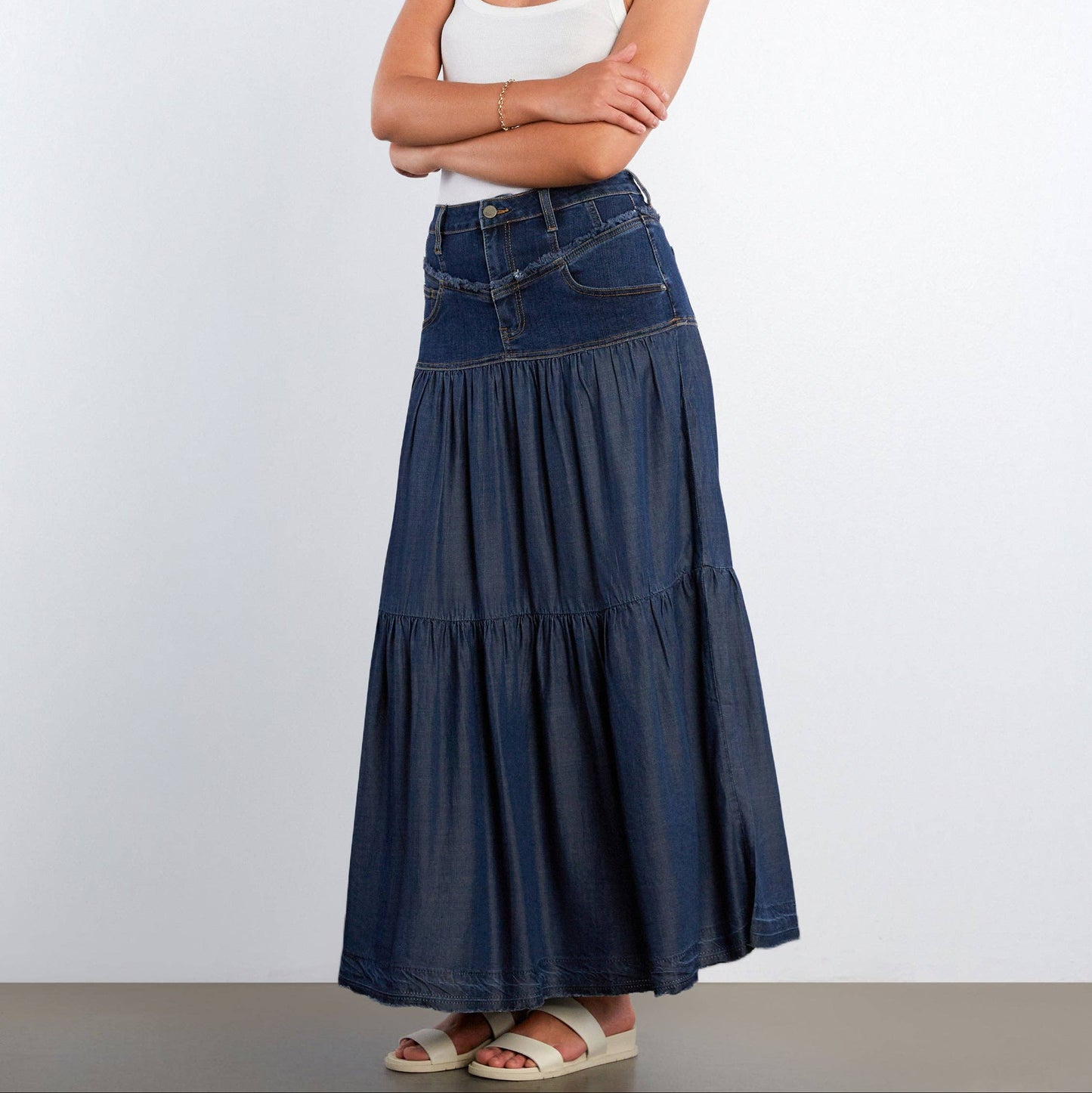 Denim Tiered & Fray Maxi Skirt