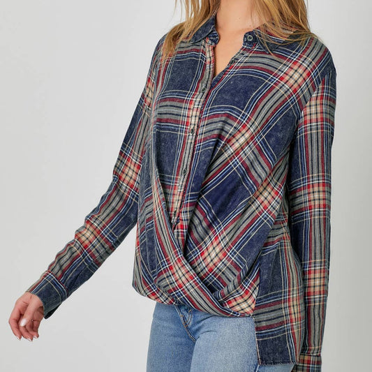 Washed Plaid Surplice Blouse