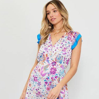 Capri Blue Border Print Short Sleeve Midi Dress