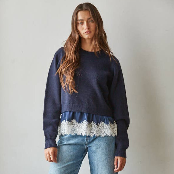 Sweater Twofer Top Satin Lace Trim Detail
