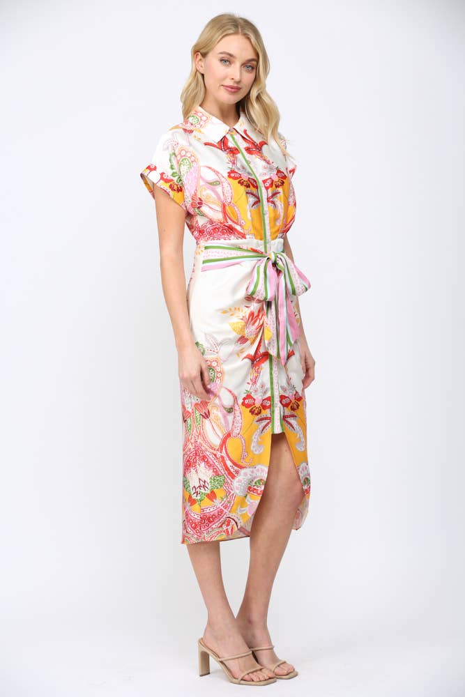 BOTANIC SCARF PRINT SELF TIE WAIST BUTTON DOWN DRESS
