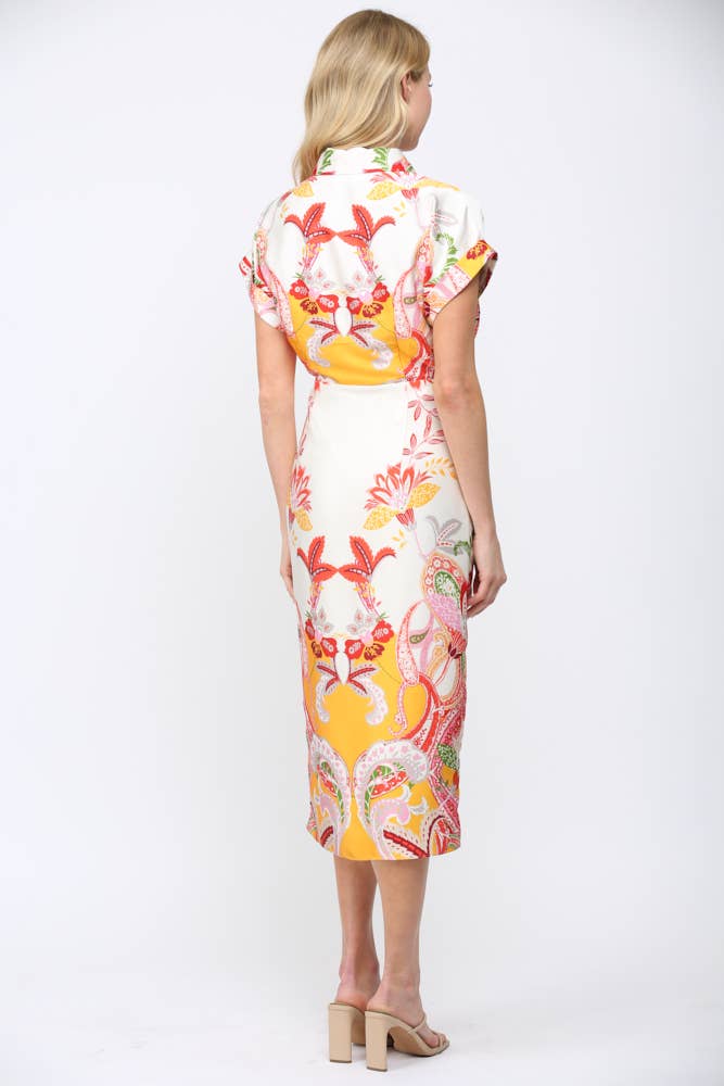 BOTANIC SCARF PRINT SELF TIE WAIST BUTTON DOWN DRESS