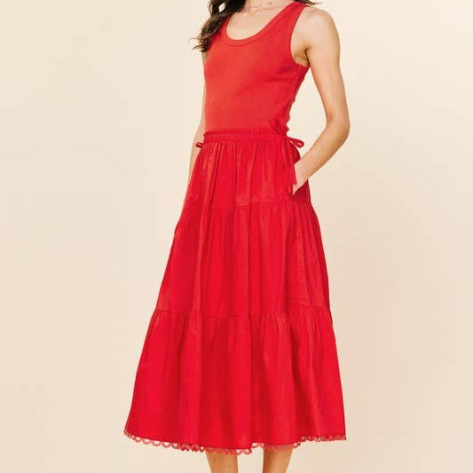 Red Sleeveless Knit Tank Poplin Skirt Dress