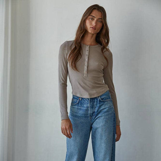 Knit Ribbed Crew Neck Long Sleeve Half Button Up Top