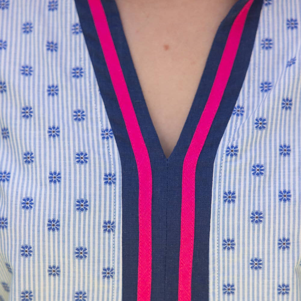 Blue Stripe Placket Embroidered Detail Stripe Top