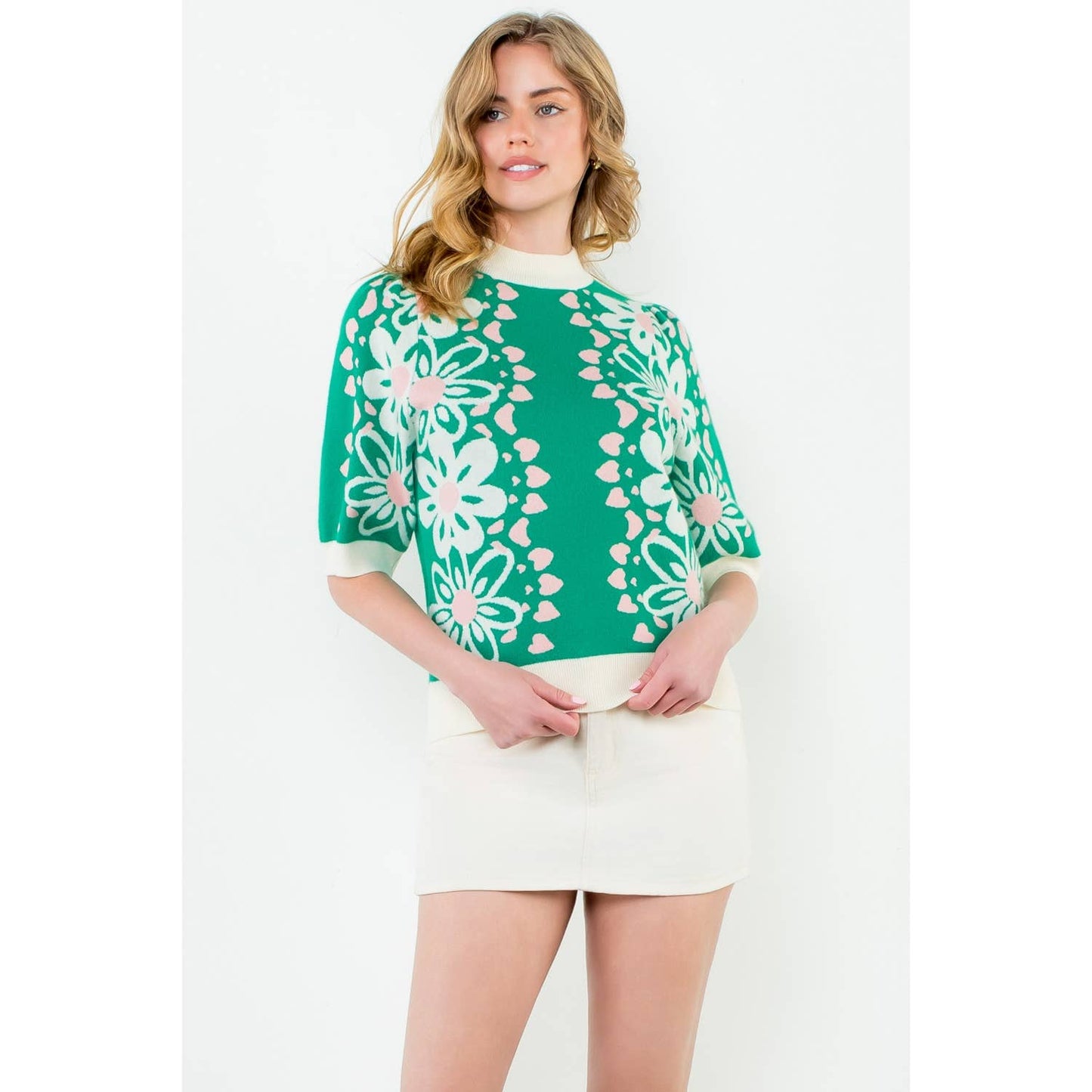 Flower Knit Sweater Top: GREEN / XS
