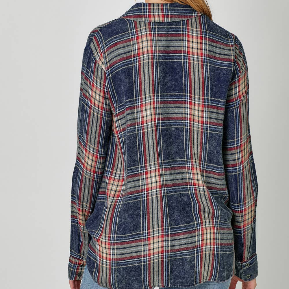 Washed Plaid Surplice Blouse