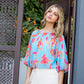 Blue Puff Sleeve Flowy Flower Blouse