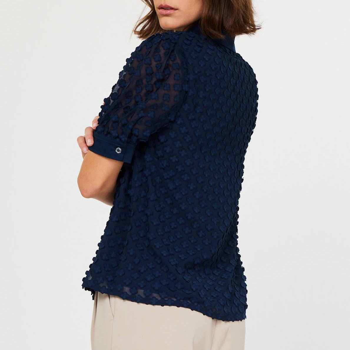 Navy 3D Floral Short Sleeve Button Down Blouse