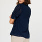 Navy 3D Floral Short Sleeve Button Down Blouse
