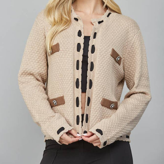 Webbing Ribbon Trimmed Open Cardigan