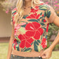 Collared V-Neck Over Shoulder Floral Print Knit Top