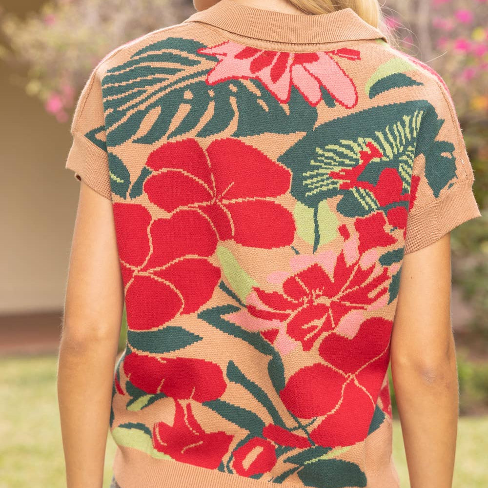 Collared V-Neck Over Shoulder Floral Print Knit Top
