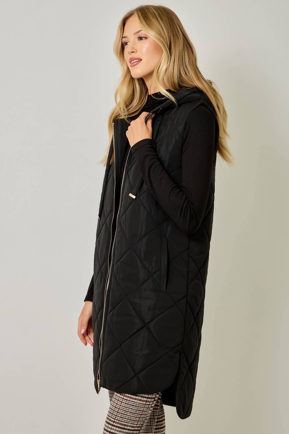 Quilted Puffer Long Hoodie Vest