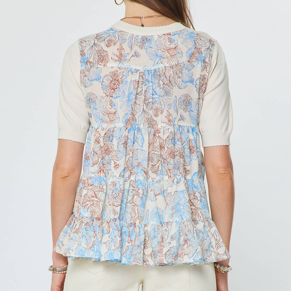 Short Sleeve Knit Top W/Floral Chiffon Back