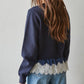 Sweater Twofer Top Satin Lace Trim Detail