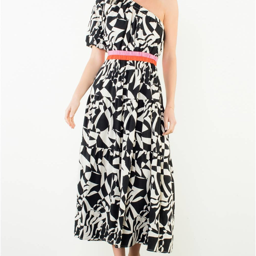 One Shoulder Pattern Detail Maxi Dress