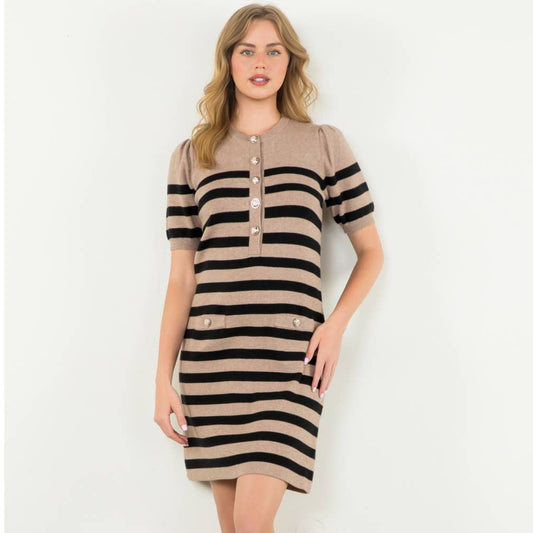 Short Sleeve Striped Taupe Dress