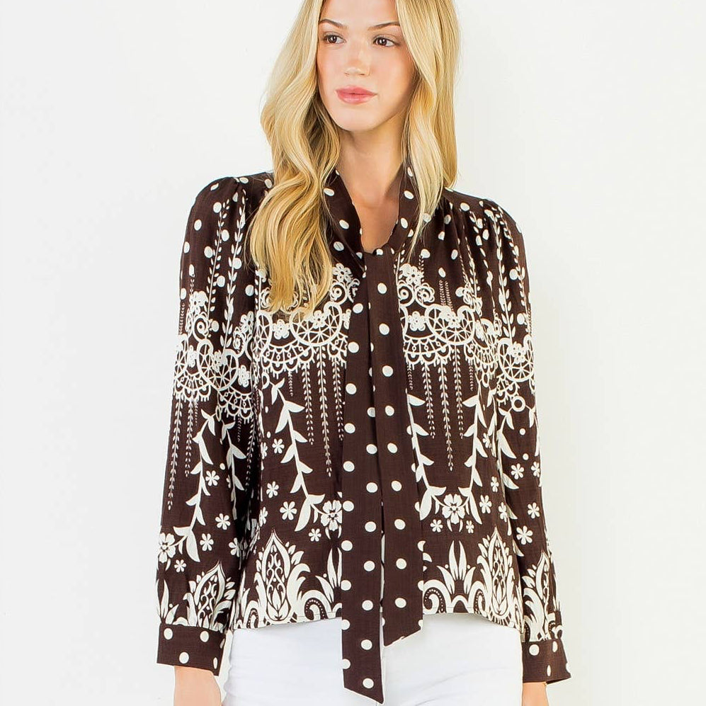 Tie Neck Long Sleeve Pattern Detail Top