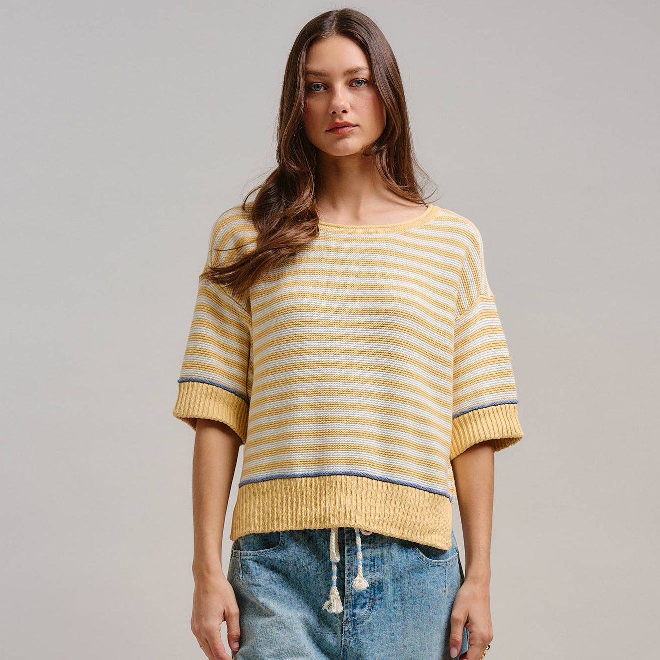 Yellow Striped Contrast Trim Sweater Tee