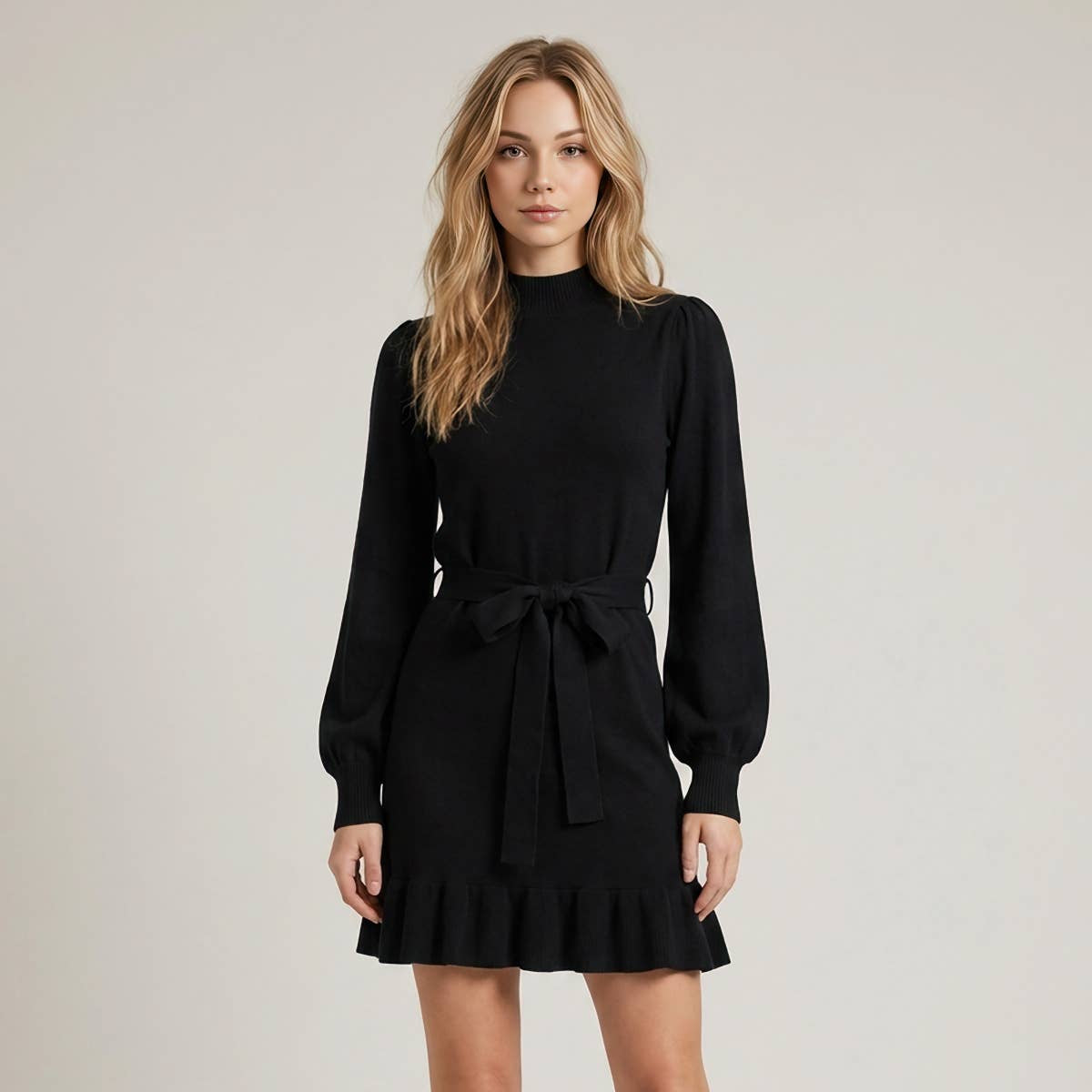 Mock Neck Ruffle Bottom Dress