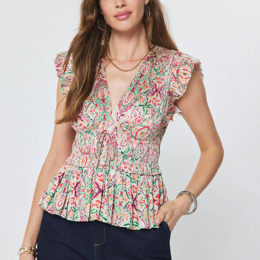 Printed Pleated Peplum V-neck Blouse