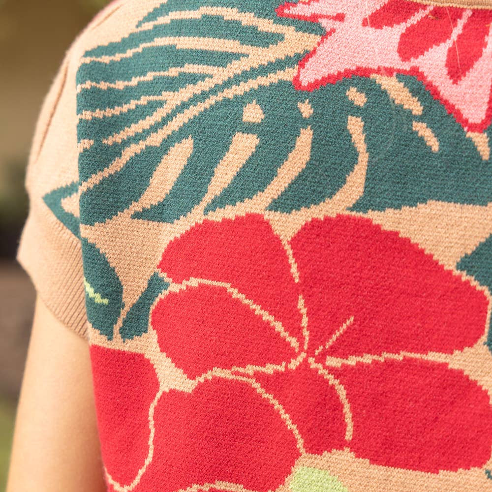 Collared V-Neck Over Shoulder Floral Print Knit Top