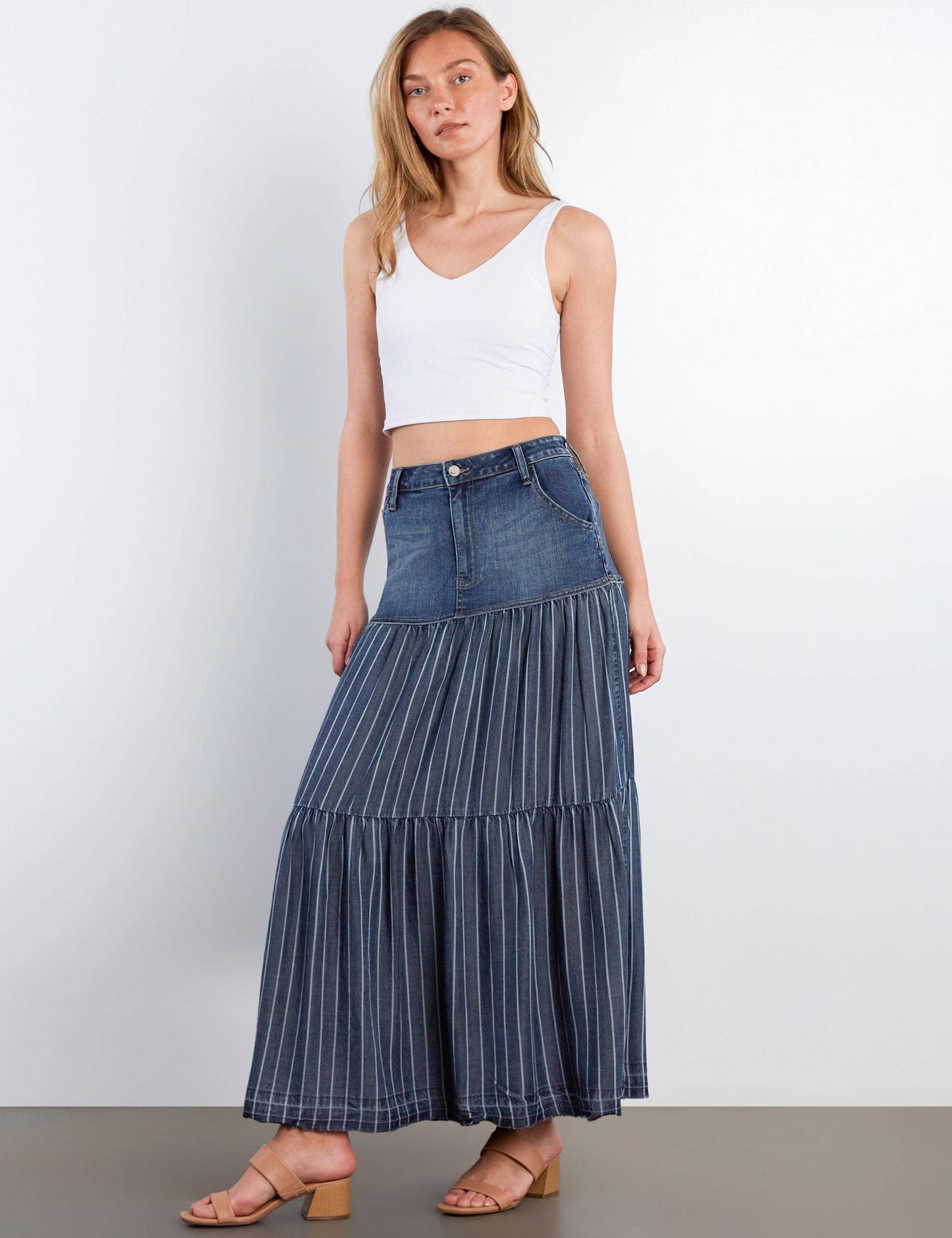 Contrast Tiered Denim Maxi Skirt