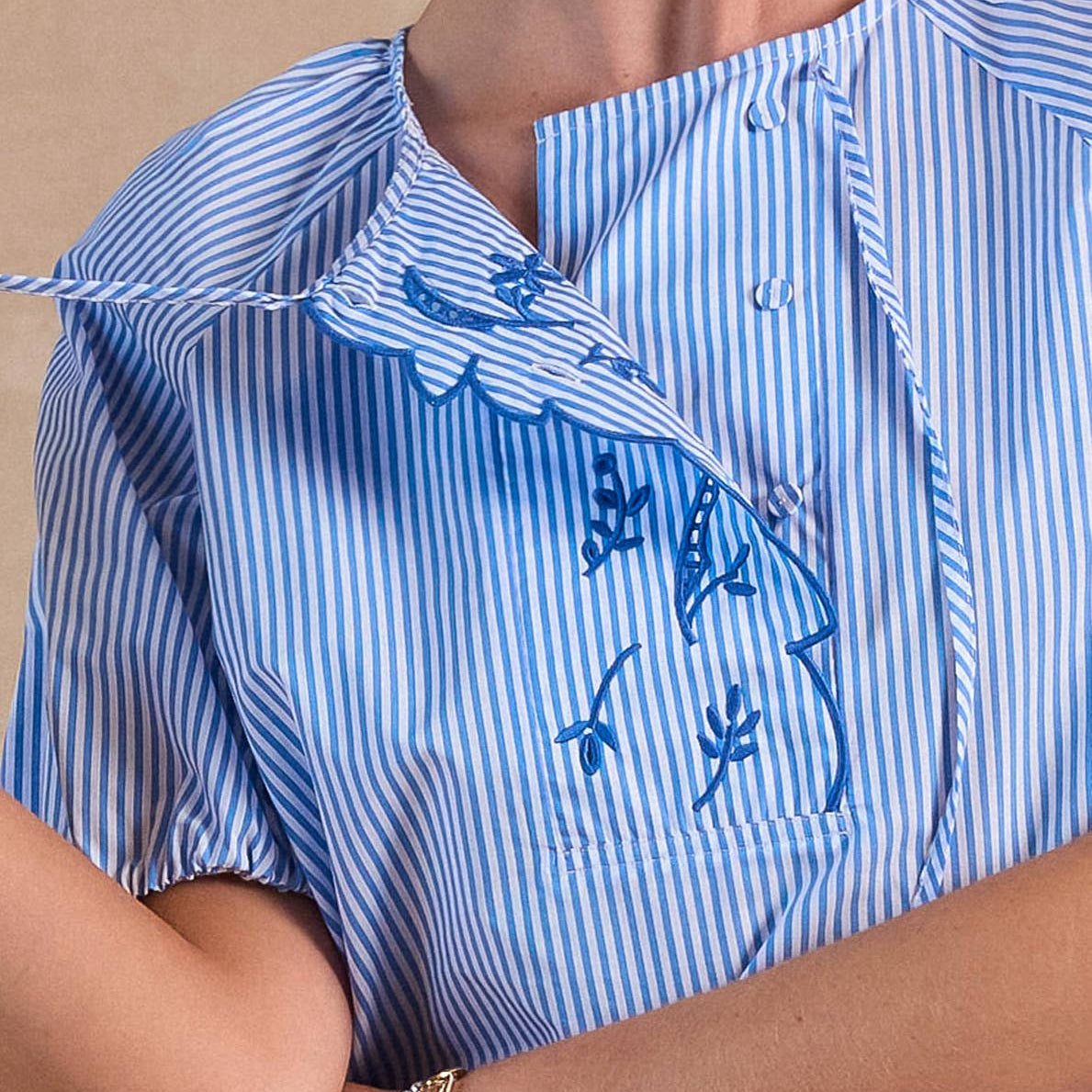 Blue Striped Embroidered Short Sleeve Blouse