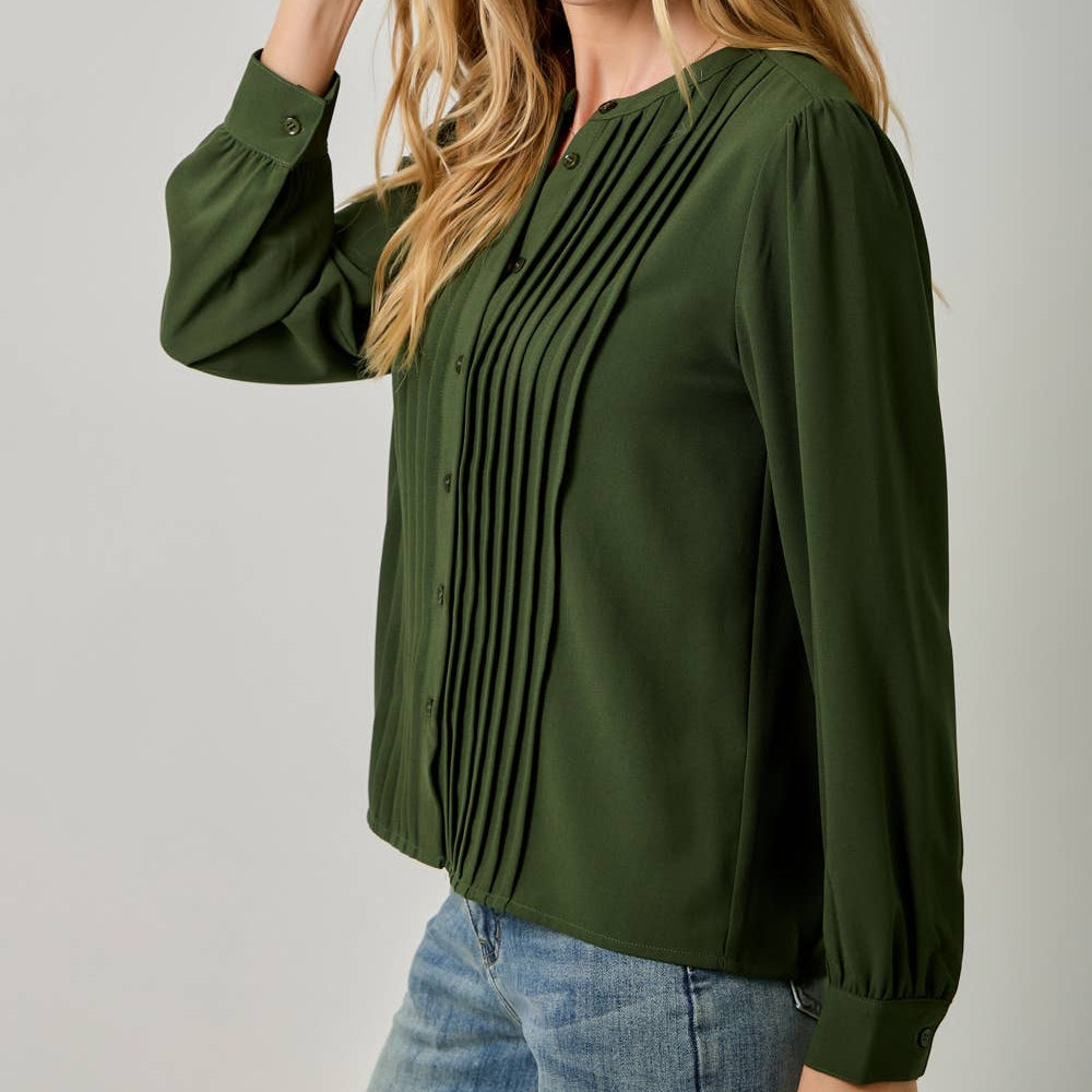 Front Pleated Button Down Shirt