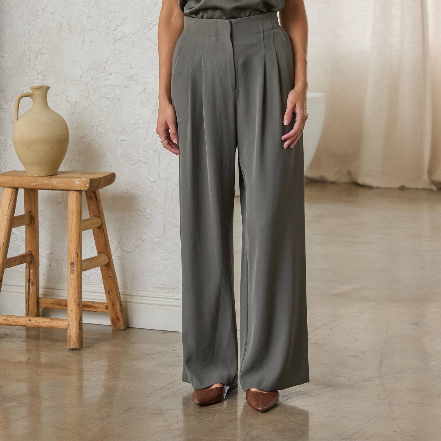 Eco-Friendly Recycled Poly Pleated Wide Leg Pants
