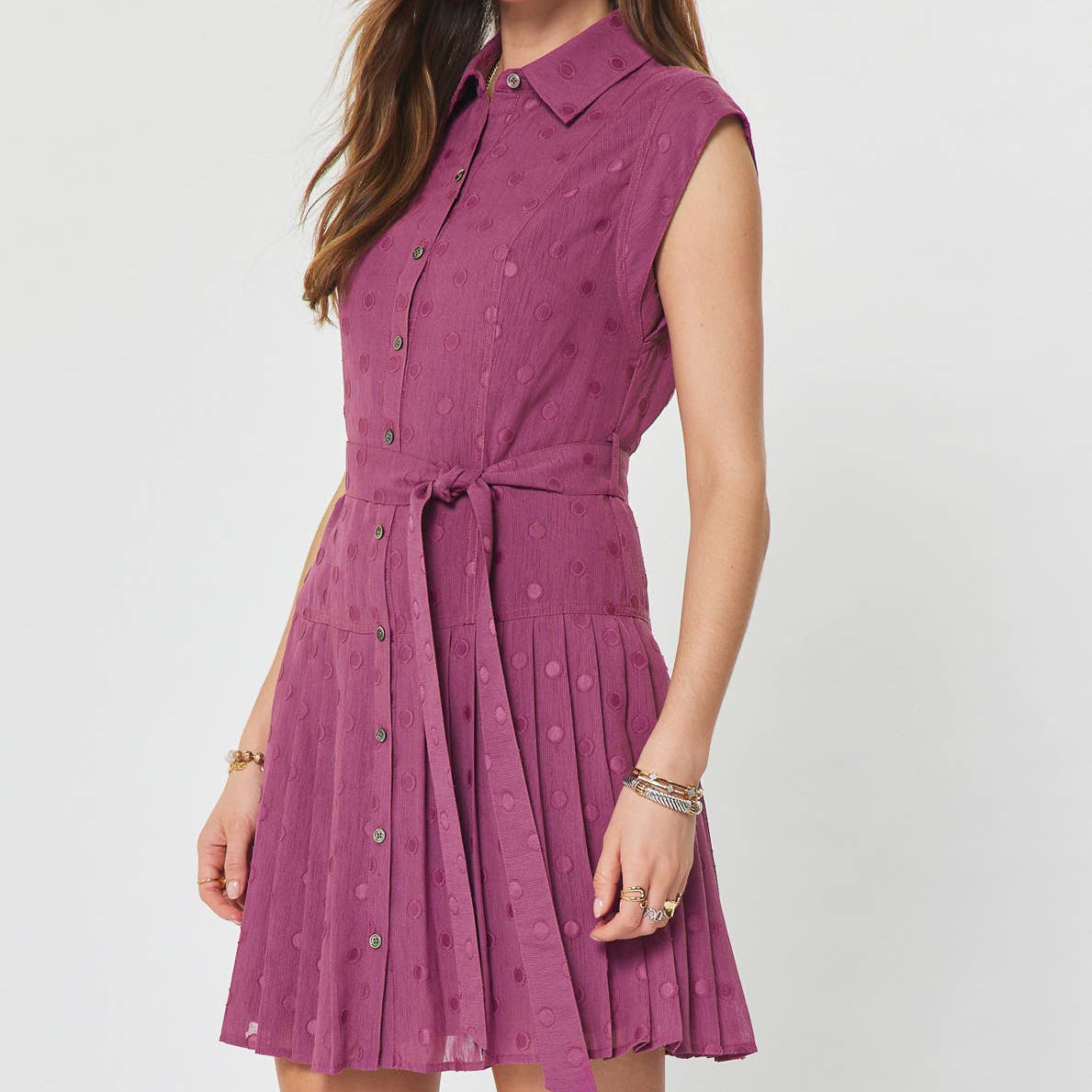 Dot Pleated Button Down Mini Dress