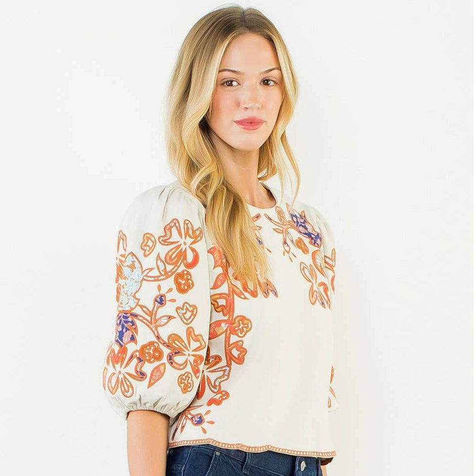 Floral Embroidered Puff Sleeve Top