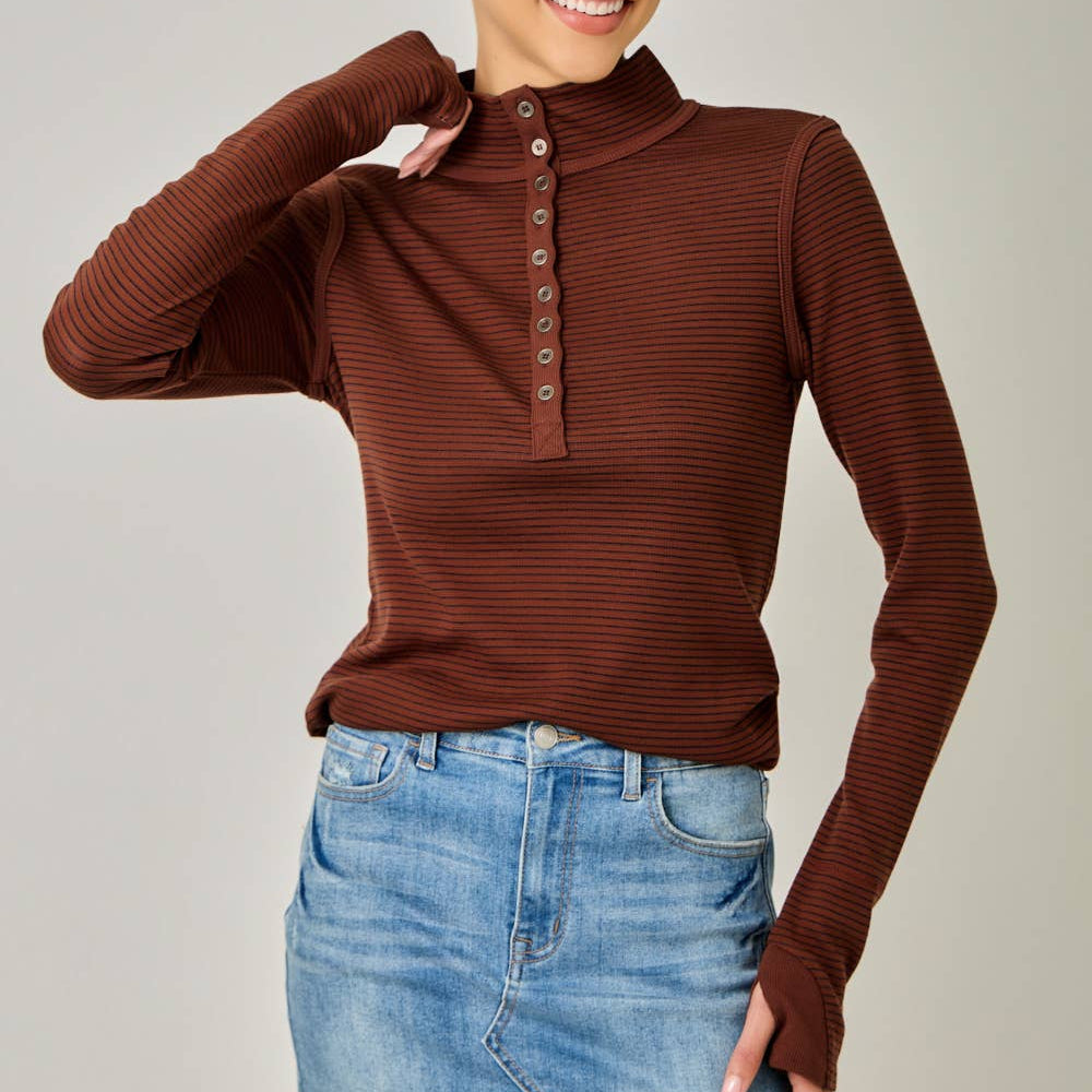 High Neck Striped Henley Top