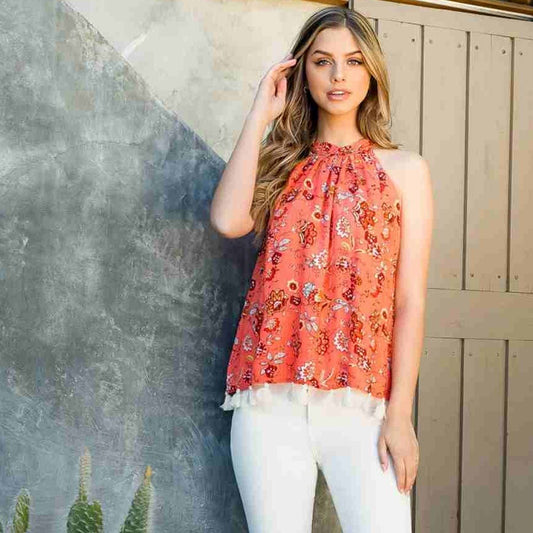 Halter Floral Metallic Stripe Top