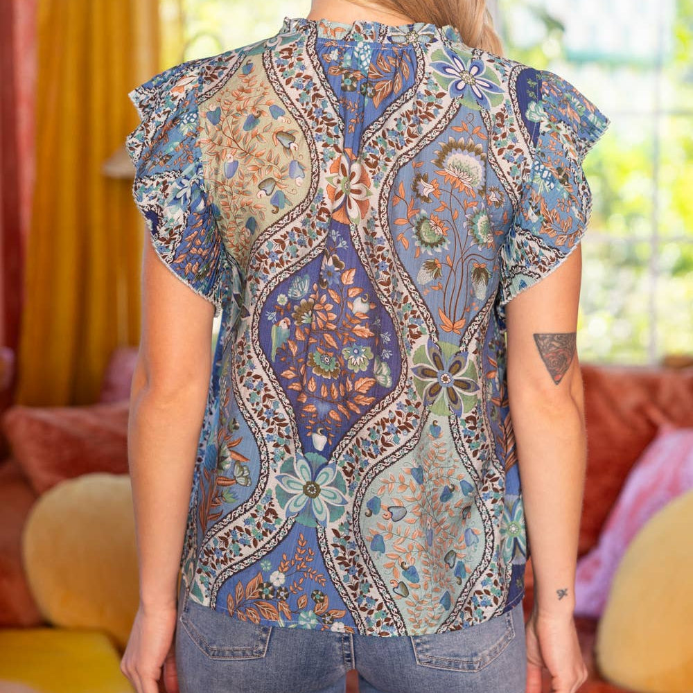 Pleated Sleeve Button Down Floral Printed Top