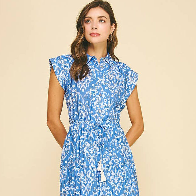 Damask Print Tiered Maxi Dress with Tassel Tie