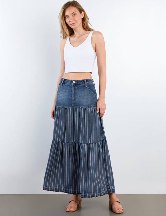 Contrast Tiered Denim Maxi Skirt