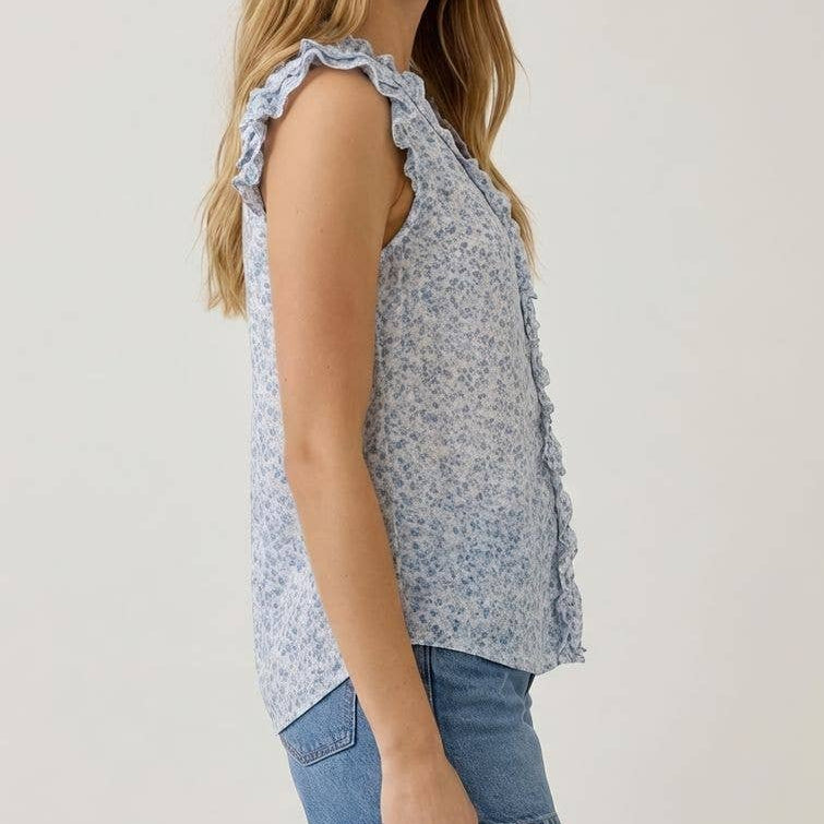 Abstract Printed V-Neck Ruffle Cap Sleeve Blouse