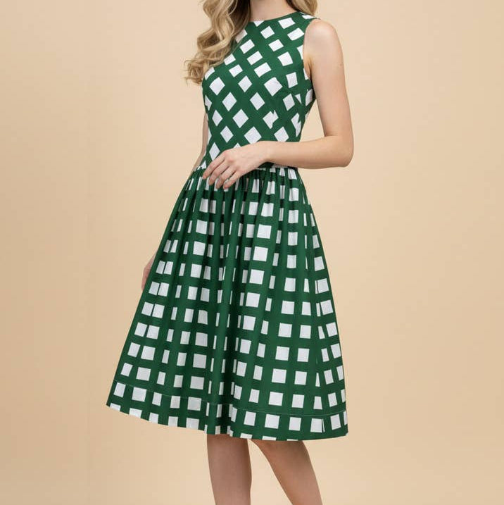 Green Gingham Flare Midi Dress
