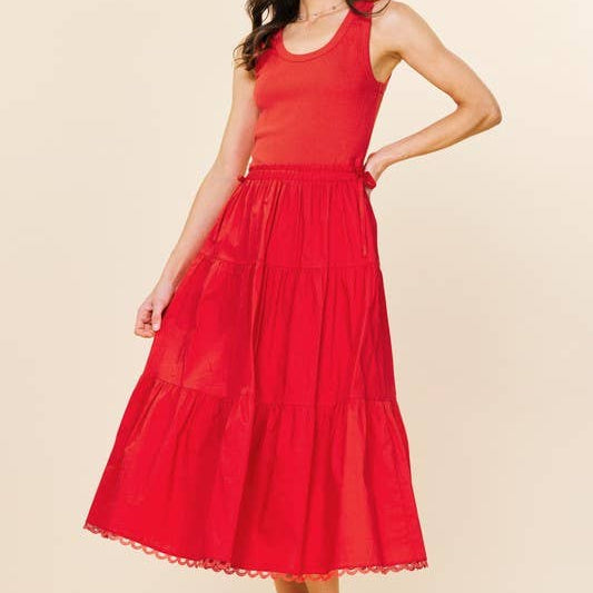 Red Sleeveless Knit Tank Poplin Skirt Dress