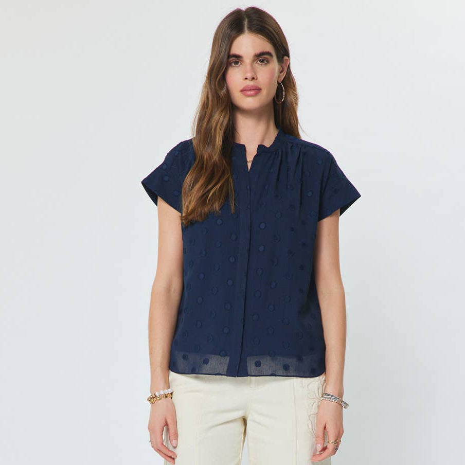 Dot Cap Sleeve Button Up Blouse