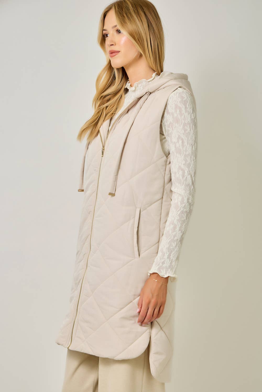 Quilted Puffer Long Hoodie Vest